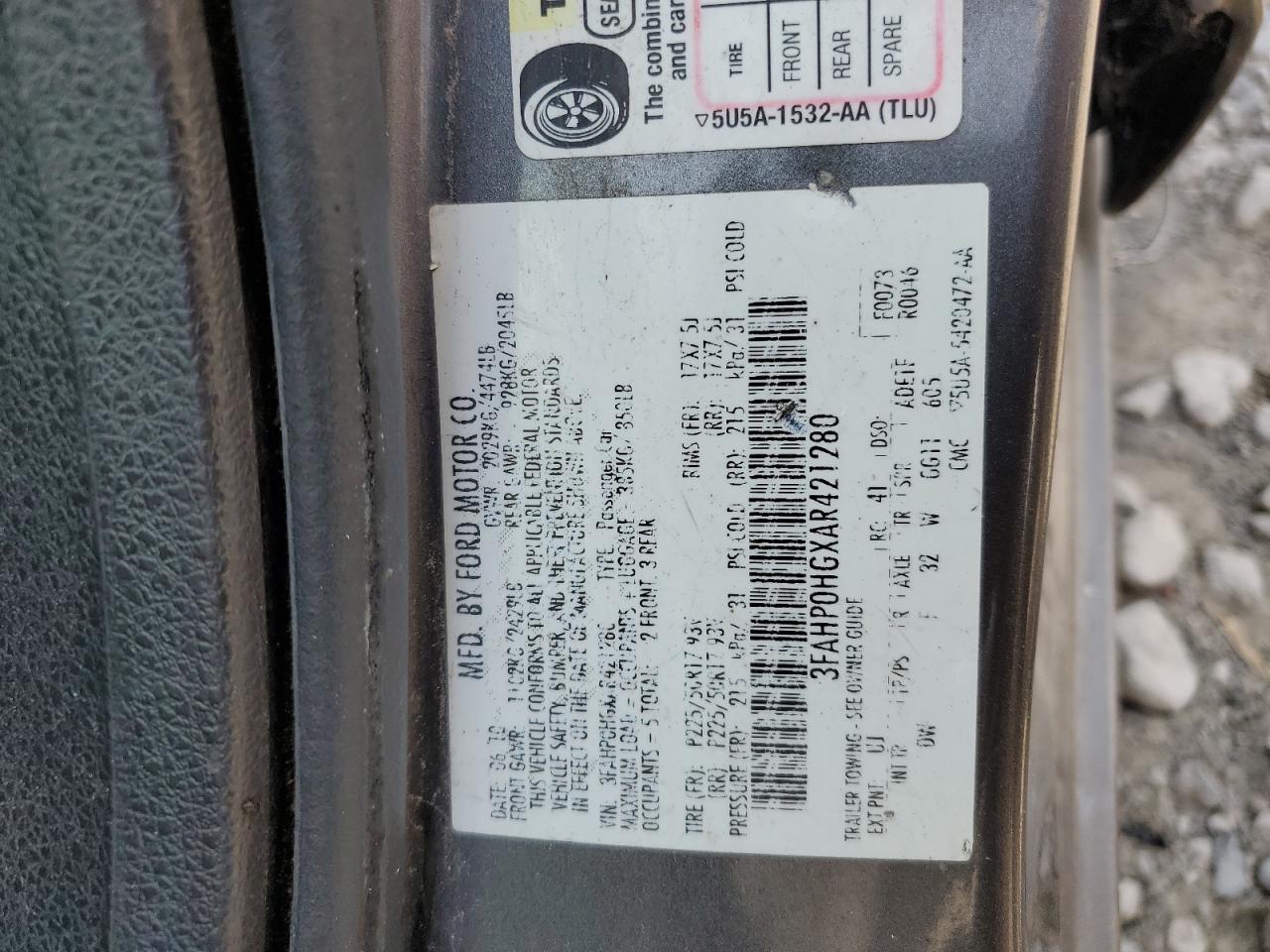 2010 Ford Fusion Se VIN: 3FAHP0HGXAR421280 Lot: 63341304