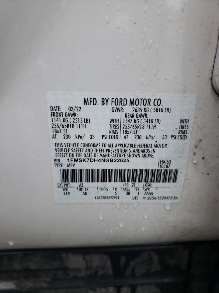 2022 Ford Explorer Xlt VIN: 1FMSK7DH4NGB22625 Lot: 62406174