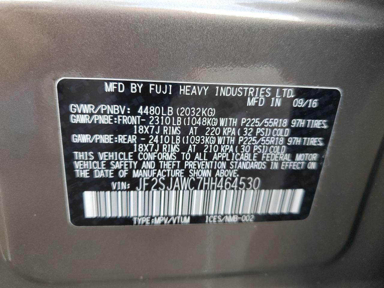 2017 Subaru Forester 2.5I Touring VIN: JF2SJAWC7HH464530 Lot: 62036024