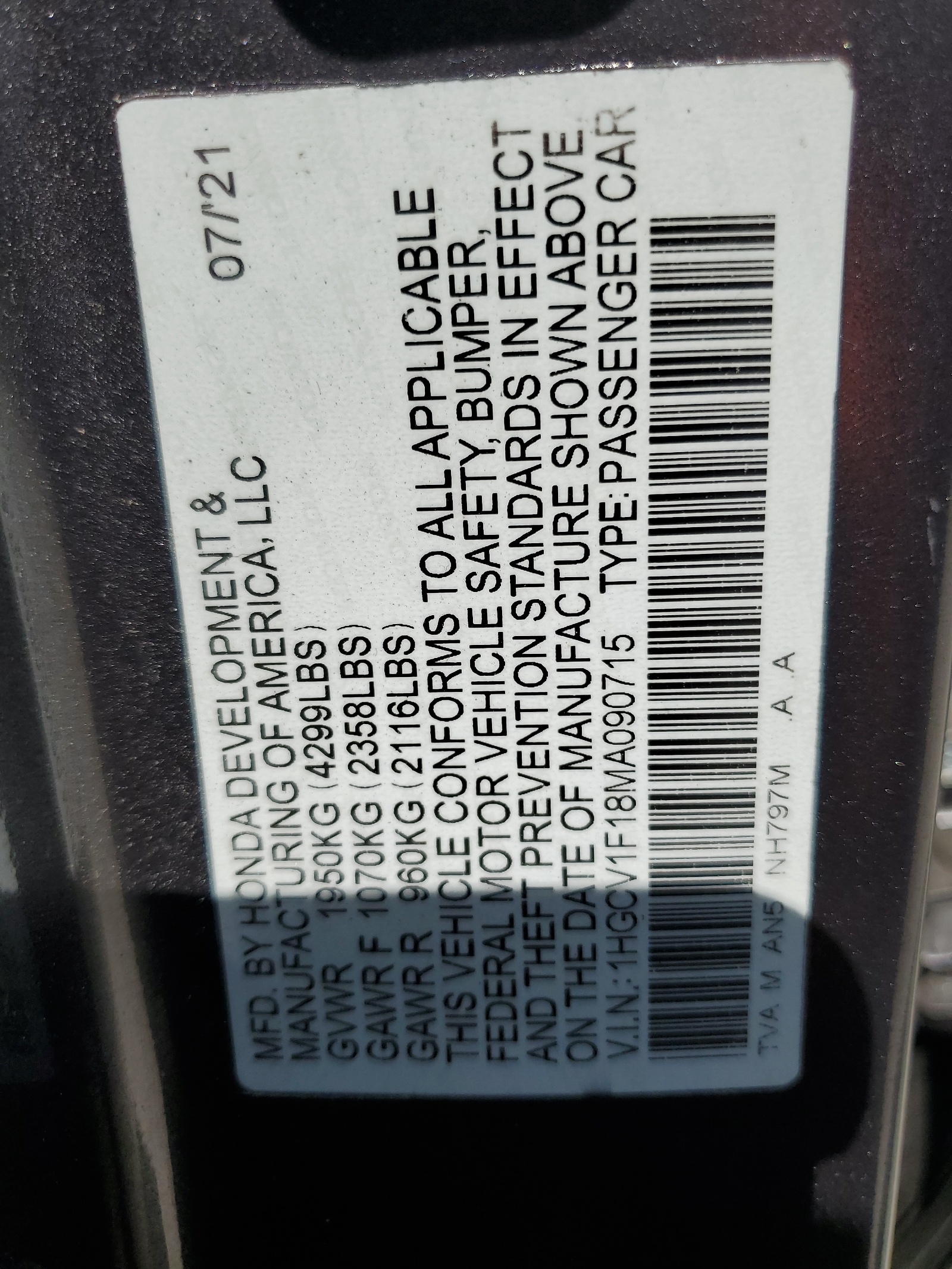 1HGCV1F18MA090715 2021 Honda Accord Lx
