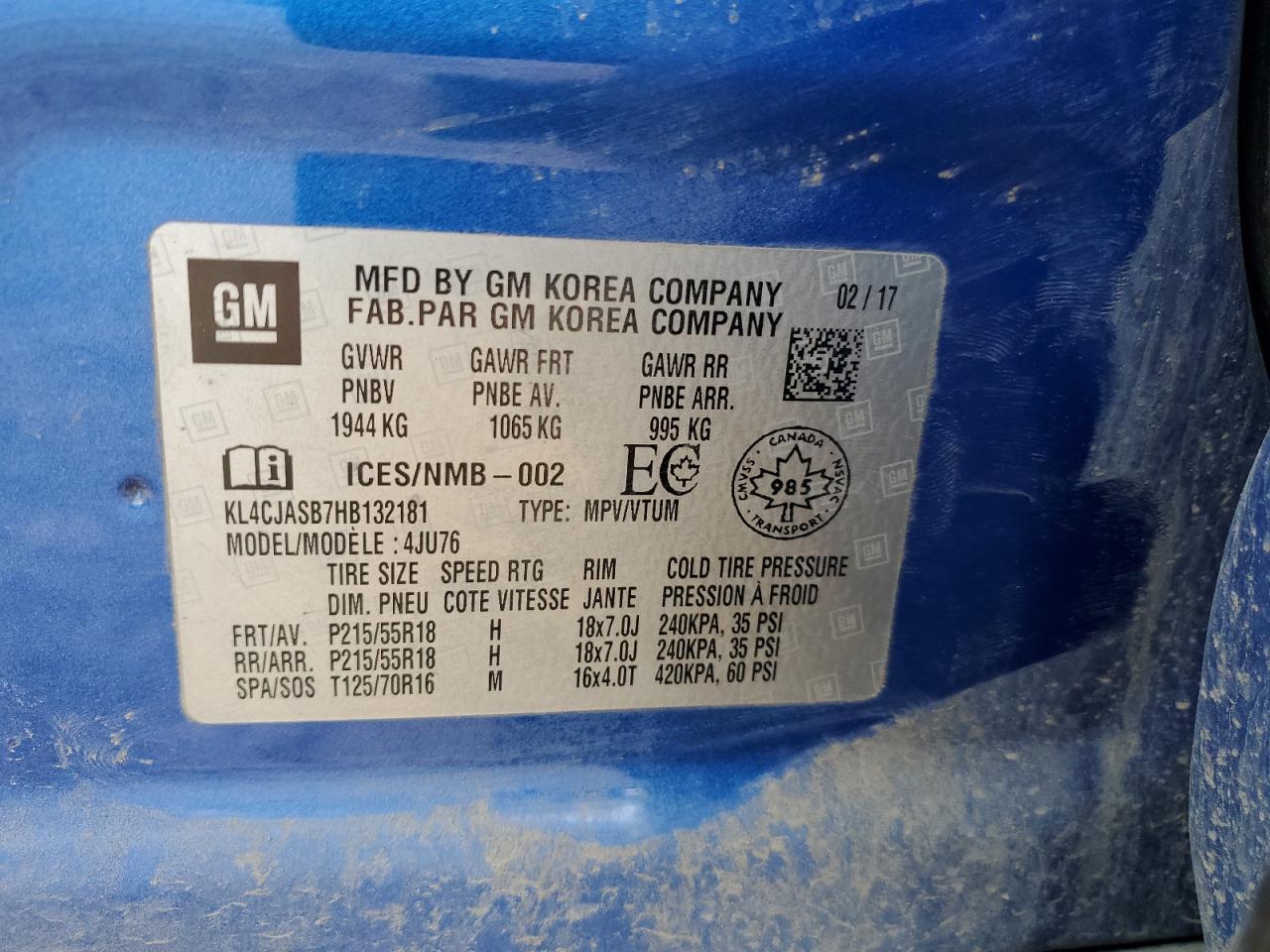 2017 Buick Encore Preferred VIN: KL4CJASB7HB132181 Lot: 64230894