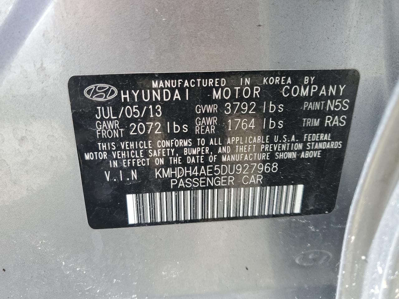 2013 Hyundai Elantra Gls VIN: KMHDH4AE5DU927968 Lot: 64960574