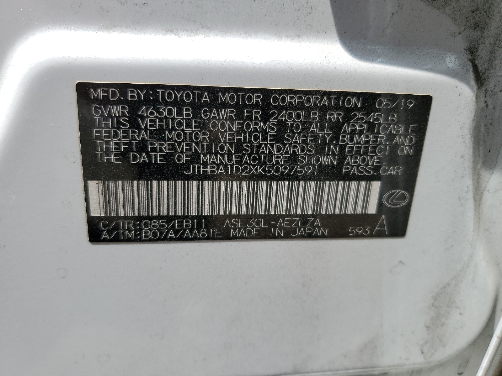 JTHBA1D2XK5097591 2019 Lexus Is 300