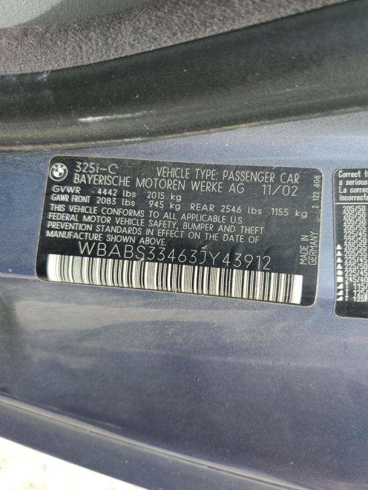 2003 BMW 325 Ci VIN: WBABS33463JY43912 Lot: 62444044