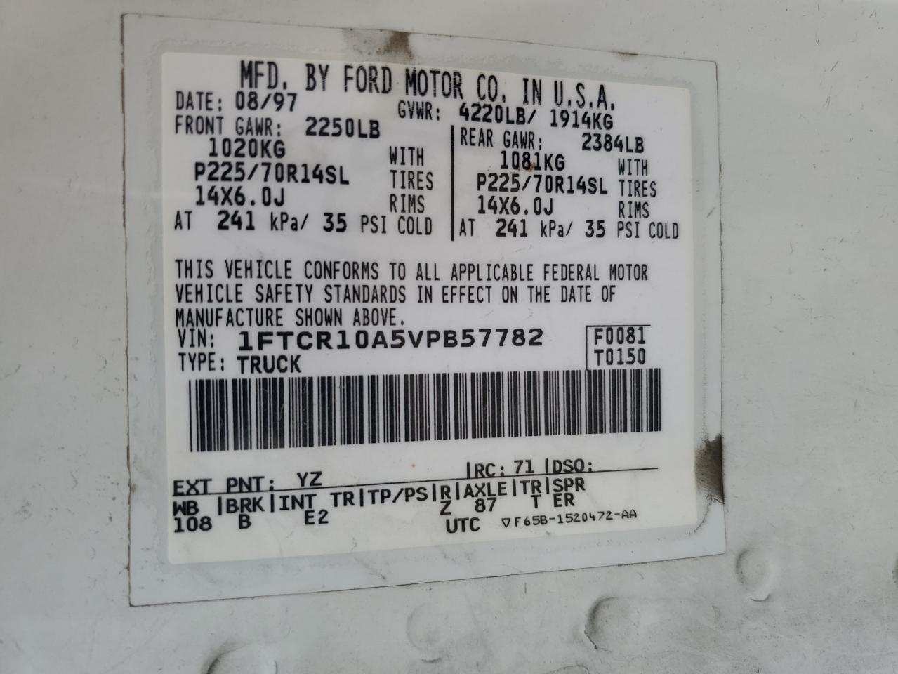 1997 Ford Ranger VIN: 1FTCR10A5VPB57782 Lot: 63493294