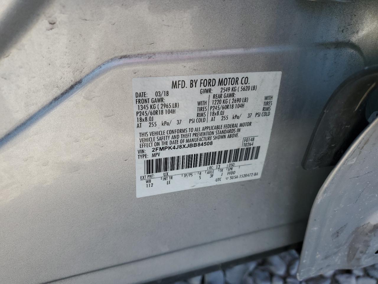 2018 Ford Edge Sel VIN: 2FMPK4J8XJBB84508 Lot: 62948494