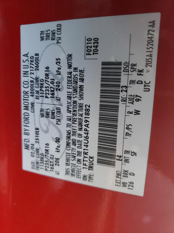 2004 Ford Ranger Super Cab VIN: 1FTYR14U64PA91882 Lot: 65004864