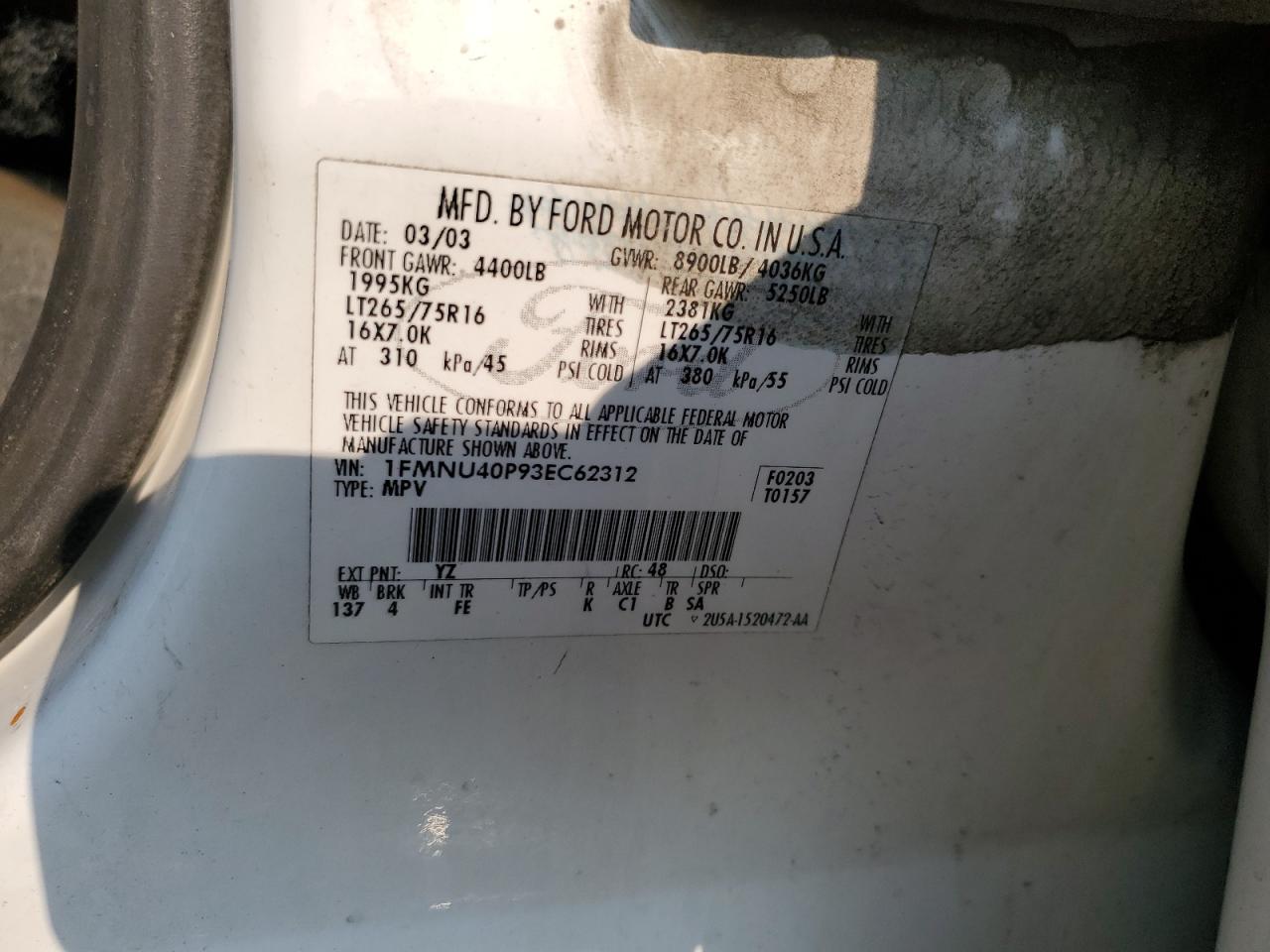 2003 Ford Excursion Xlt VIN: 1FMNU40P93EC62312 Lot: 65662514