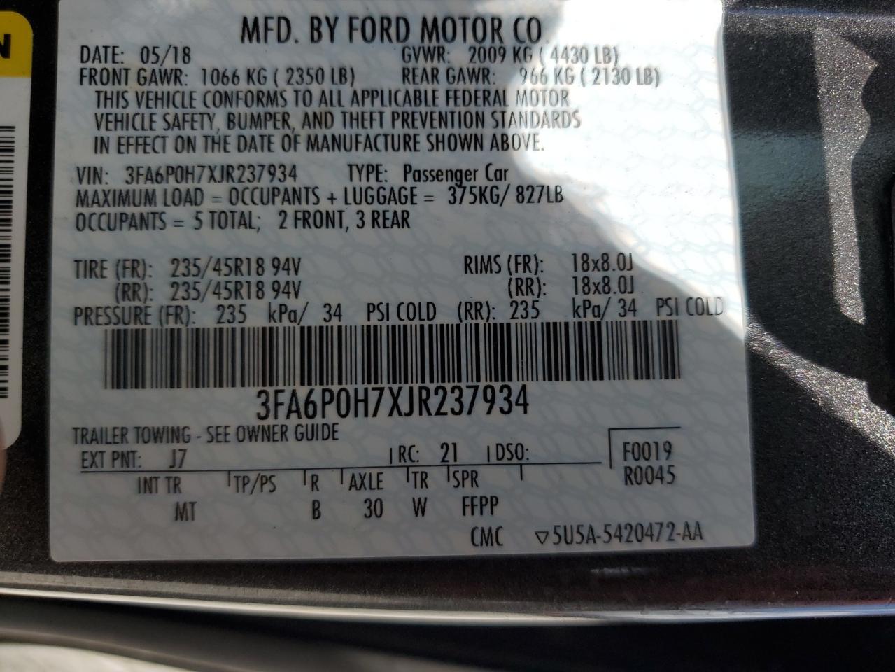 3FA6P0H7XJR237934 2018 Ford Fusion Se