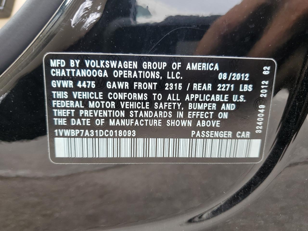 2013 Volkswagen Passat Se VIN: 1VWBP7A31DC018093 Lot: 61959744