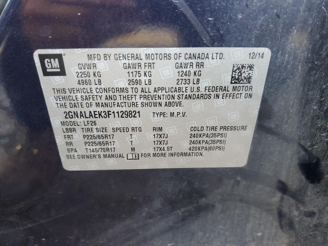 2015 Chevrolet Equinox Ls VIN: 2GNALAEK3F1129821 Lot: 60758164