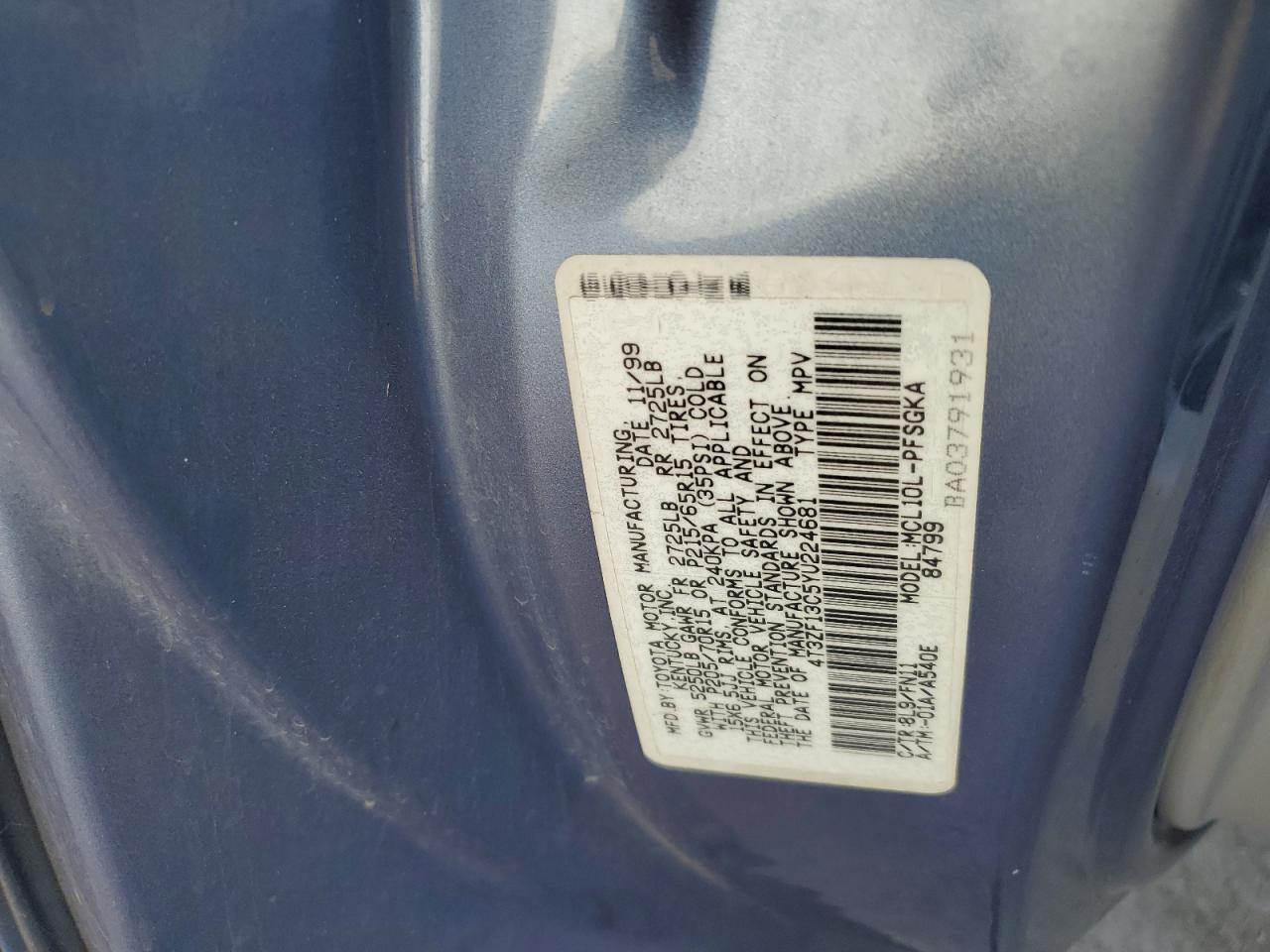 2000 Toyota Sienna Le VIN: 4T3ZF13C5YU224681 Lot: 61453624