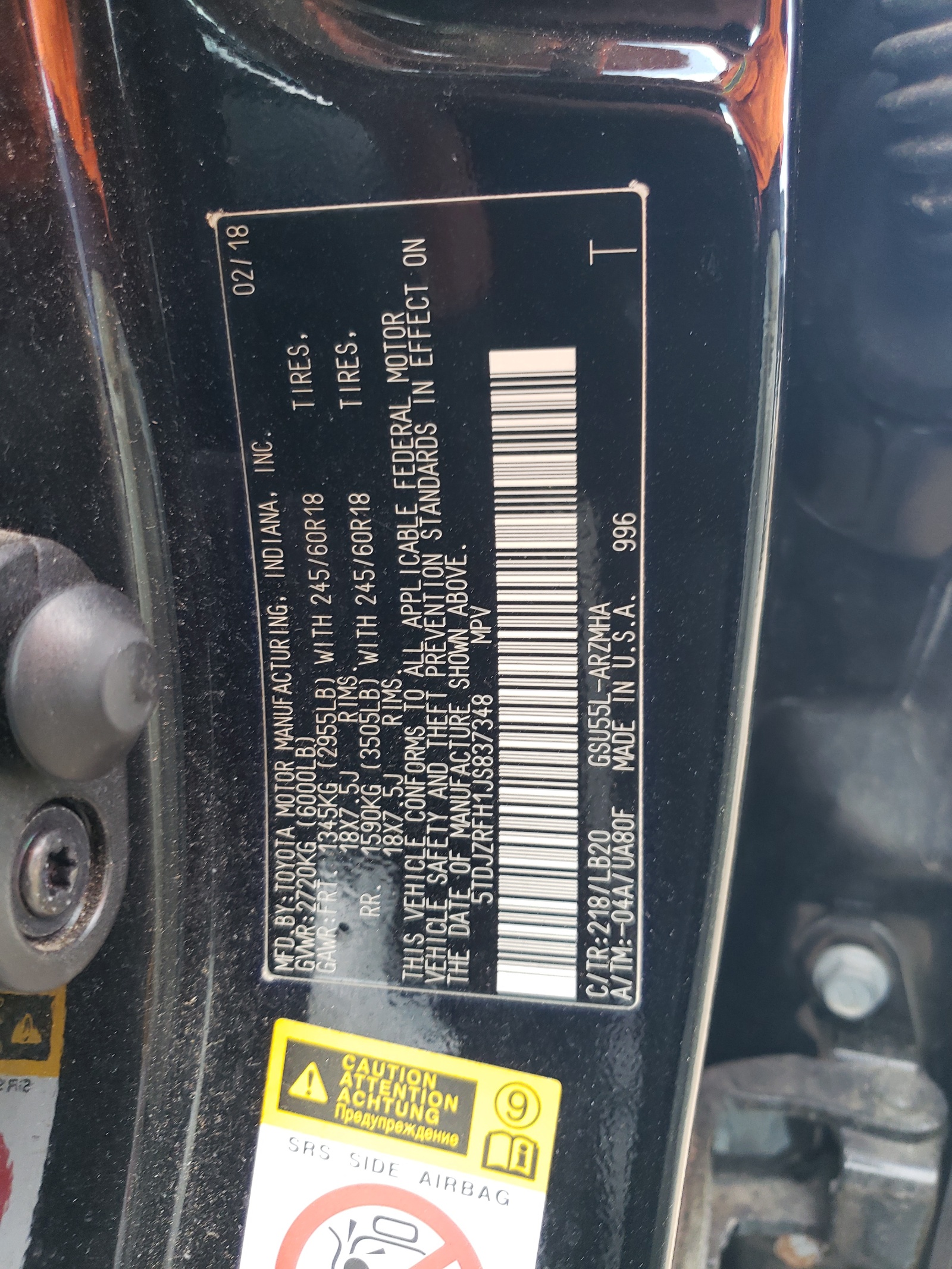 5TDJZRFH1JS837348 2018 Toyota Highlander Se