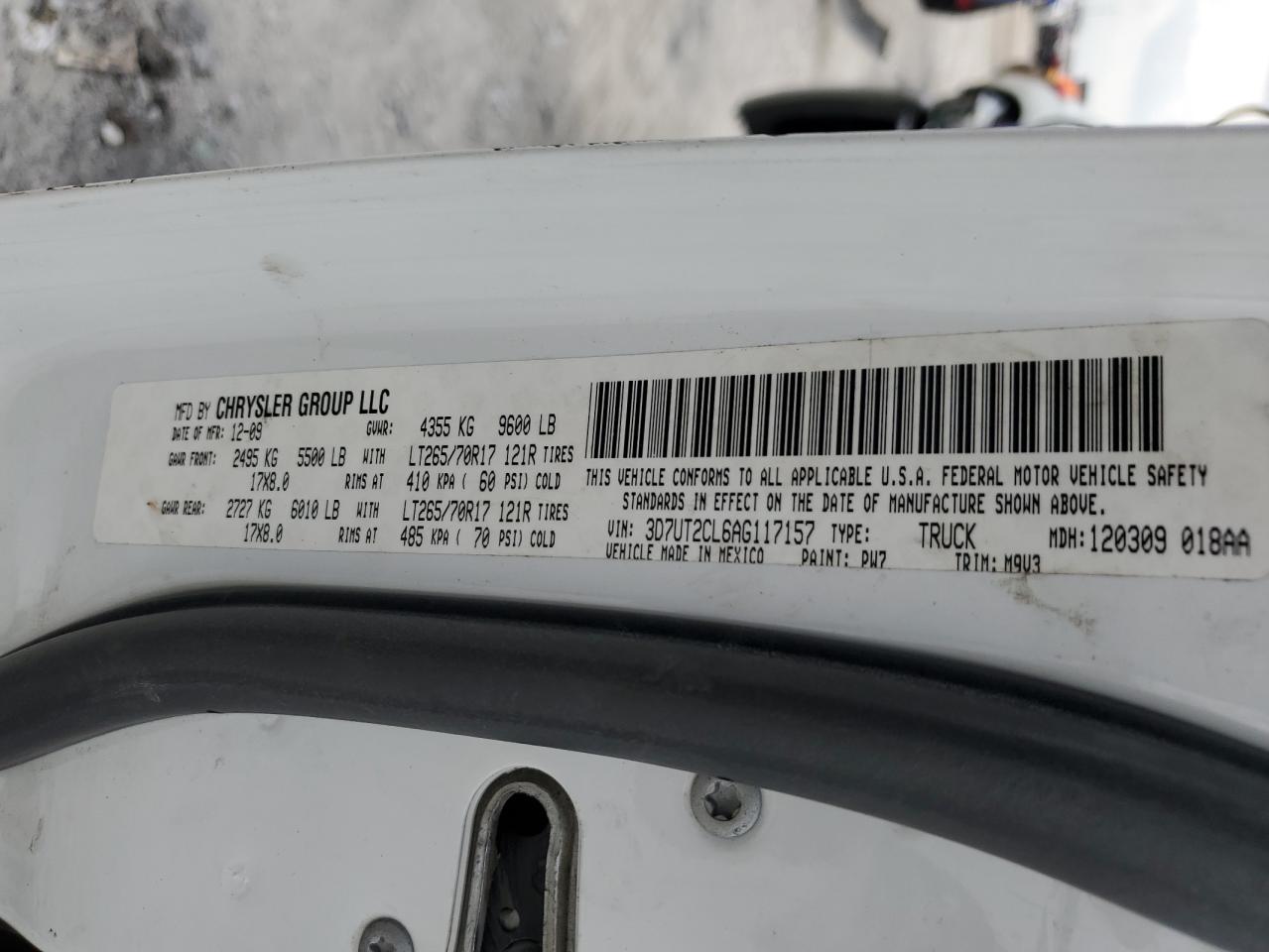 2010 Dodge Ram 2500 VIN: 3D7UT2CL6AG117157 Lot: 64338374