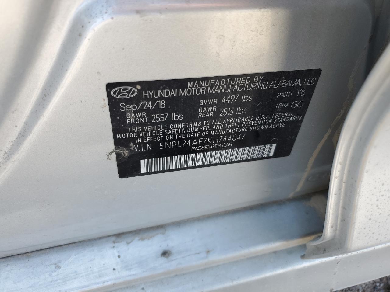 2019 Hyundai Sonata Se VIN: 5NPE24AF7KH744047 Lot: 62694794