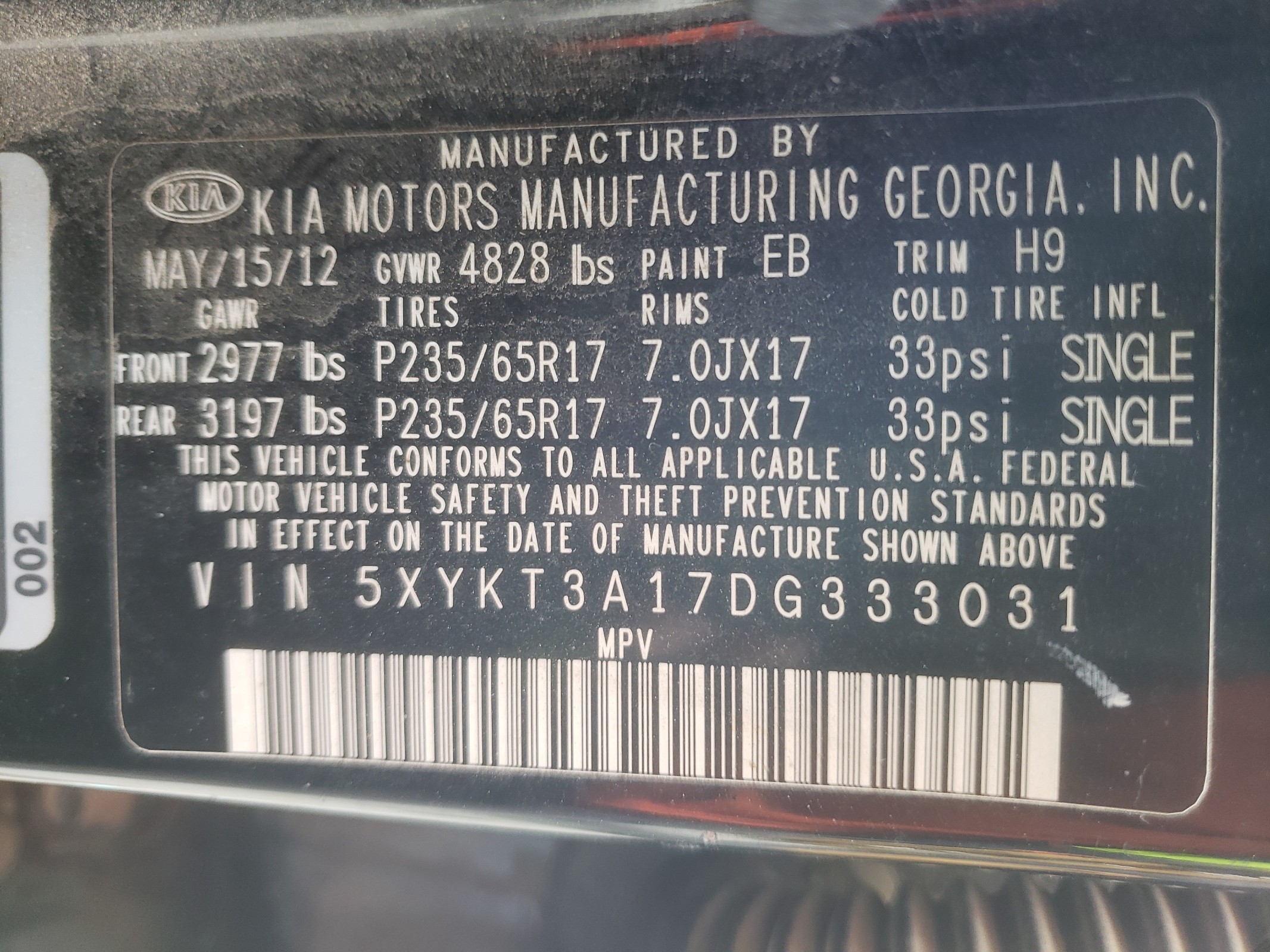 5XYKT3A17DG333031 2013 Kia Sorento Lx