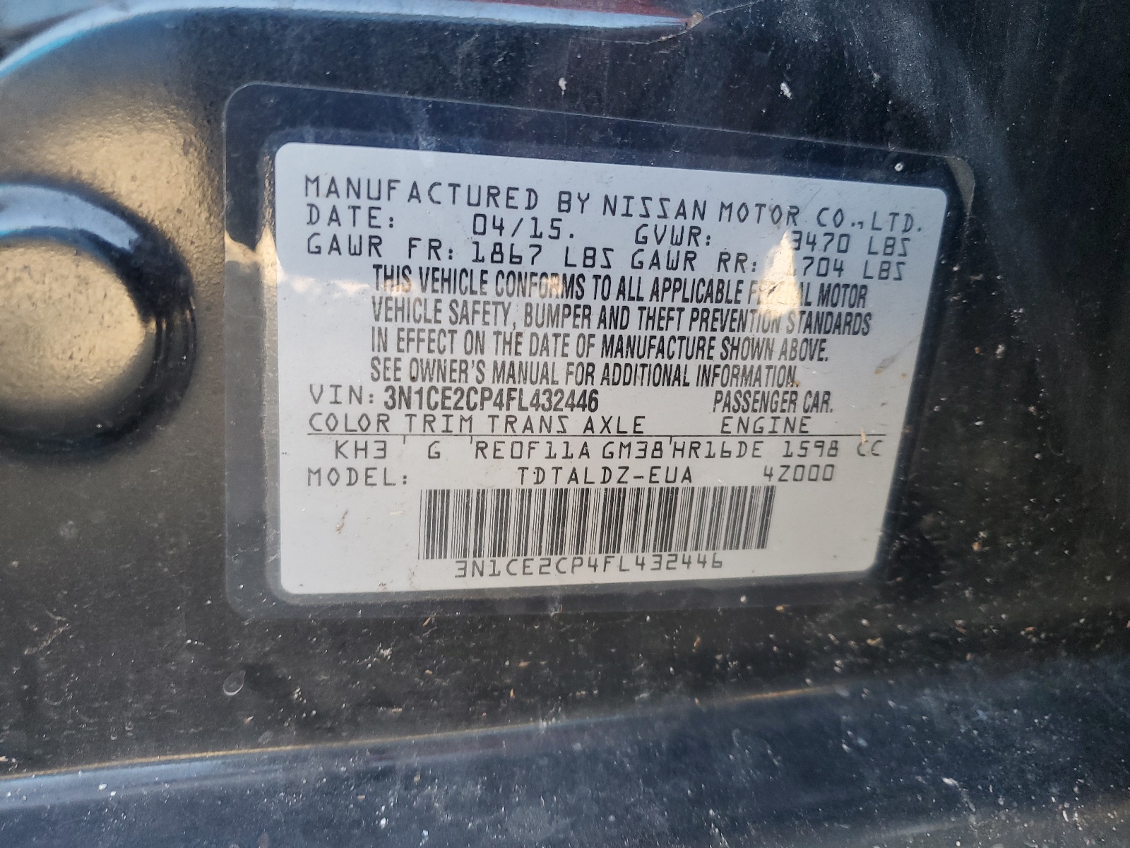 3N1CE2CP4FL432446 2015 Nissan Versa Note S