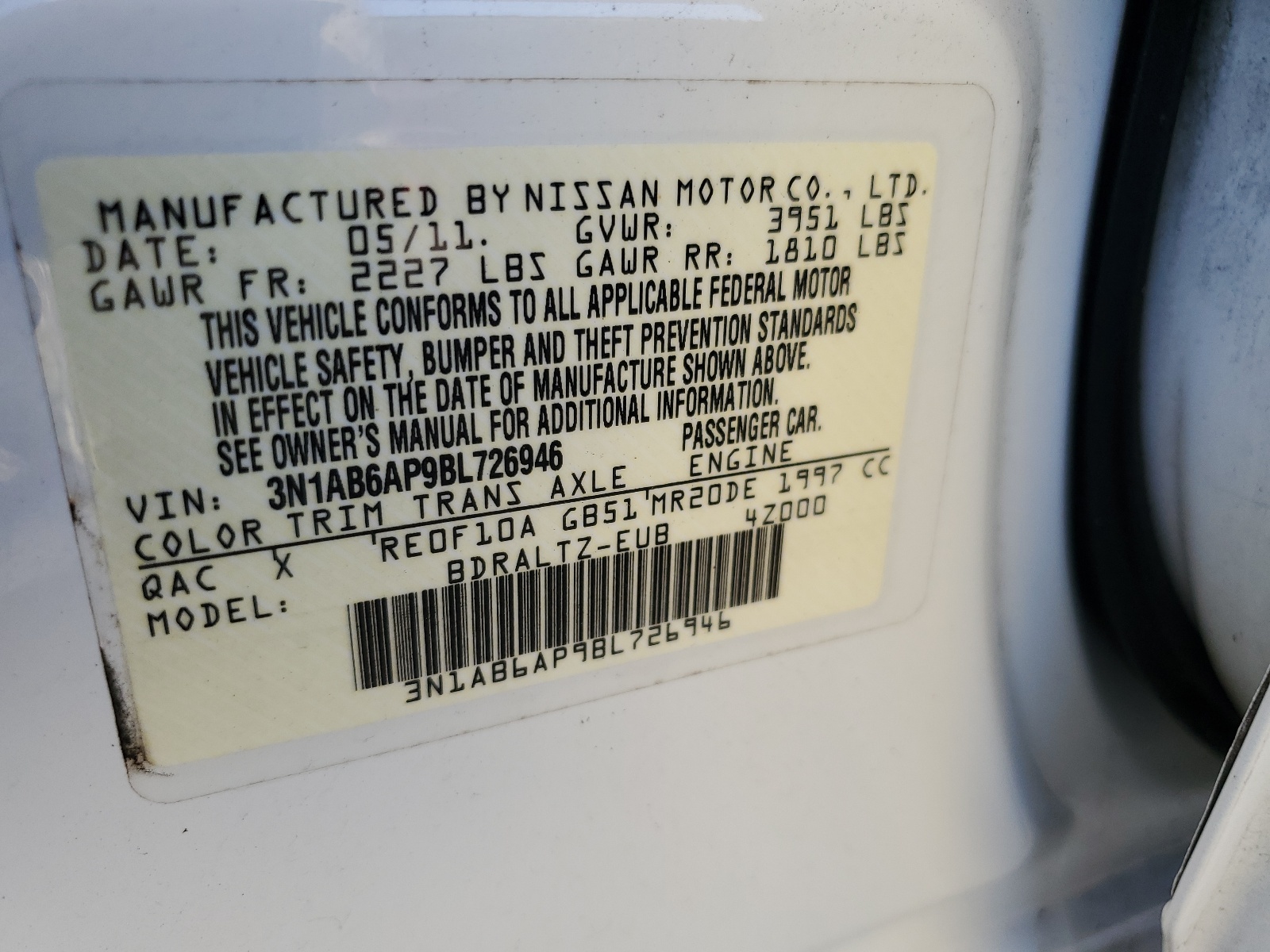 3N1AB6AP9BL726946 2011 Nissan Sentra 2.0