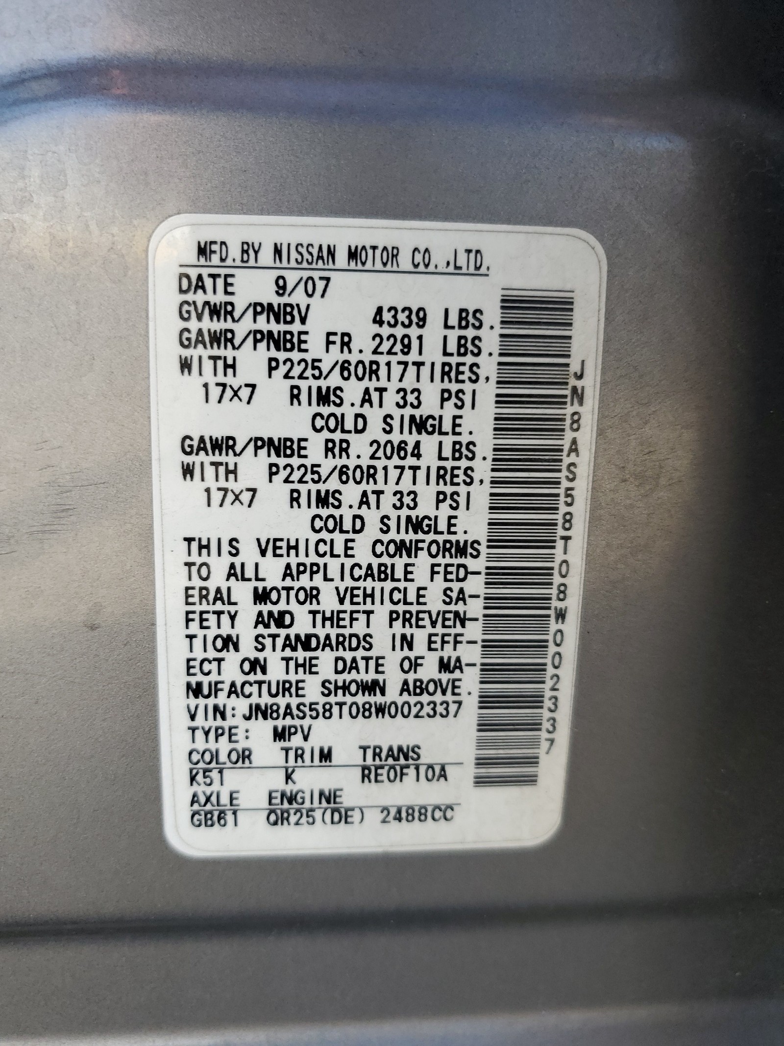 JN8AS58T08W002337 2008 Nissan Rogue S