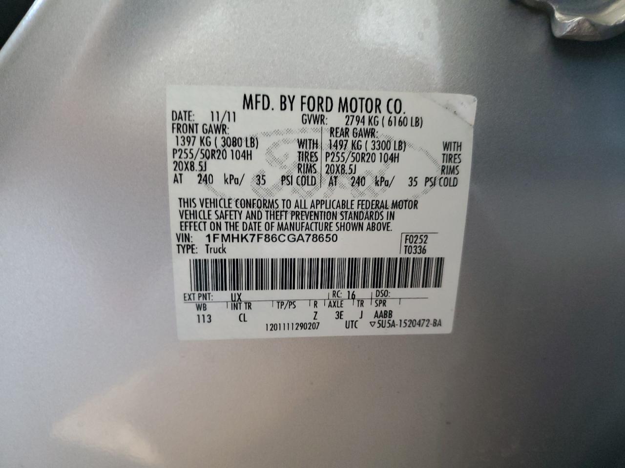 2012 Ford Explorer Limited VIN: 1FMHK7F86CGA78650 Lot: 61504124