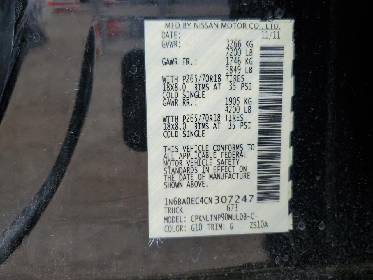 2012 Nissan Titan S VIN: 1N6BA0EC4CN307247 Lot: 62791364