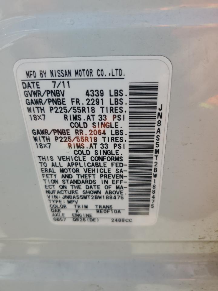 2011 Nissan Rogue S VIN: JN8AS5MT2BW188475 Lot: 61077284