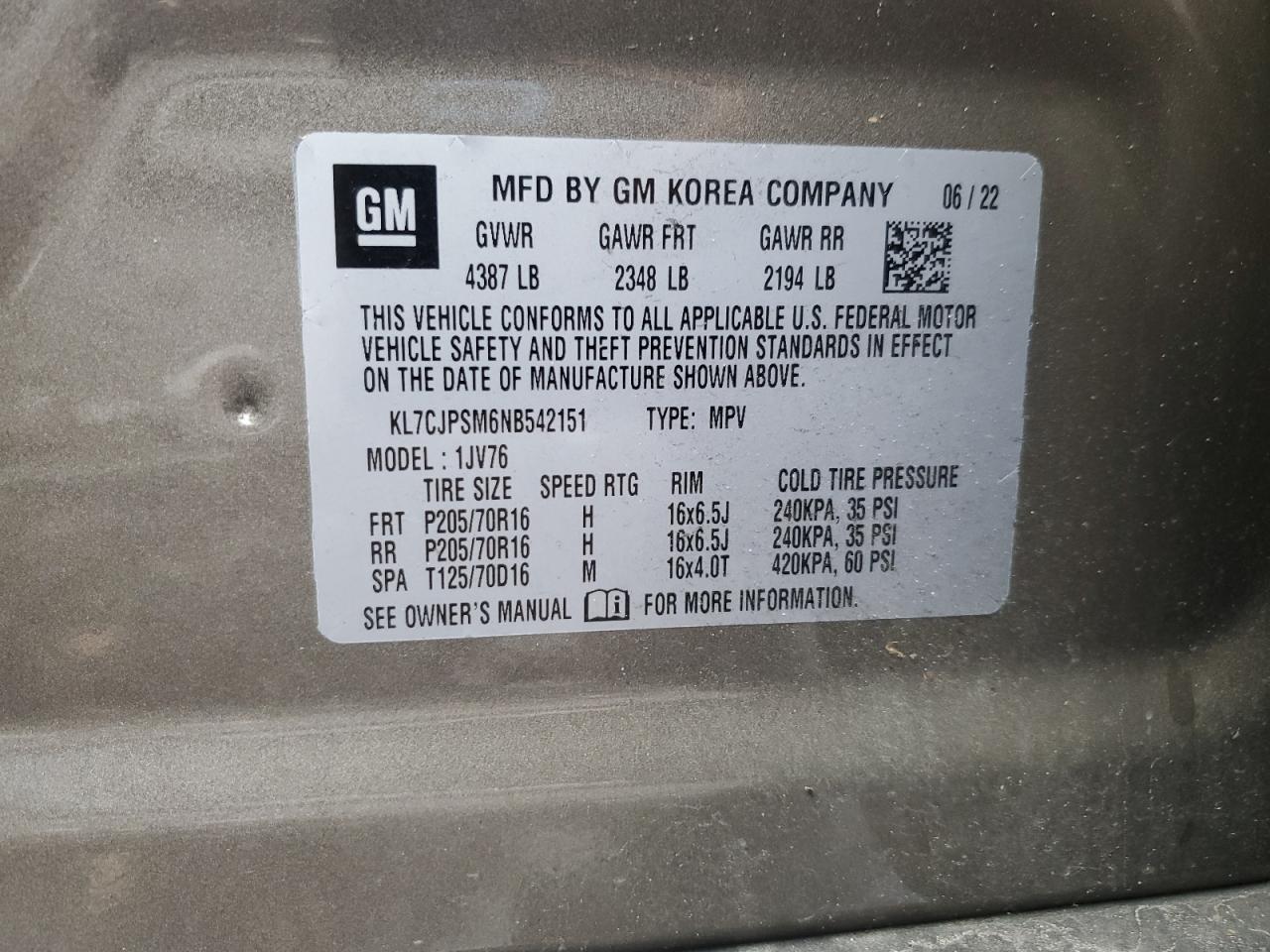 2022 Chevrolet Trax 1Lt VIN: KL7CJPSM6NB542151 Lot: 65487454