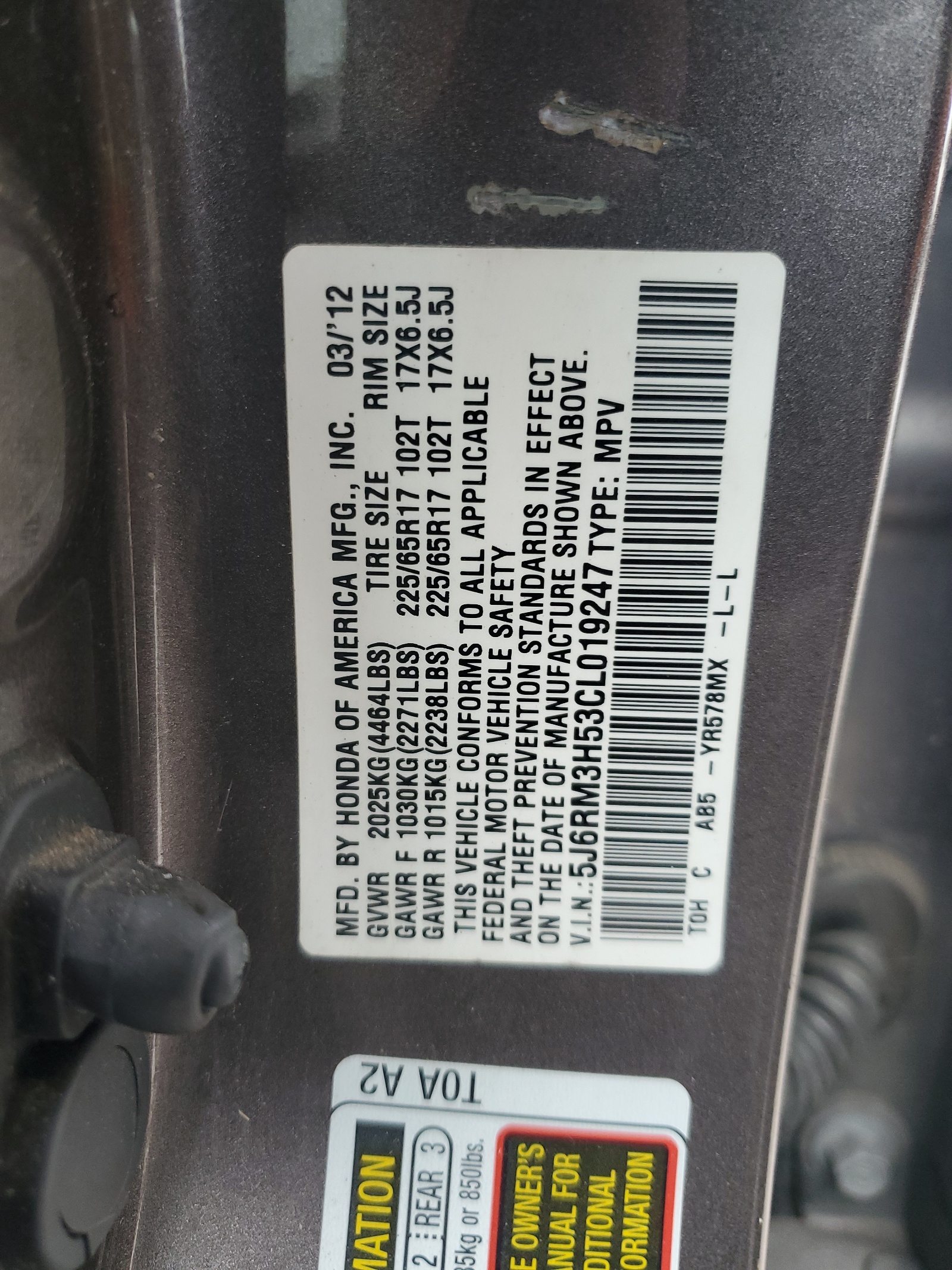 5J6RM3H53CL019247 2012 Honda Cr-V Ex