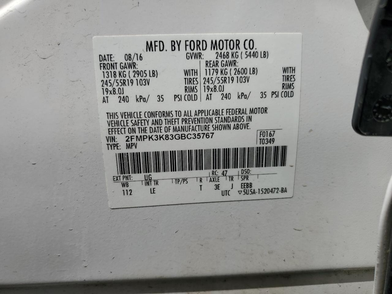 2016 Ford Edge Titanium VIN: 2FMPK3K83GBC35767 Lot: 61822224