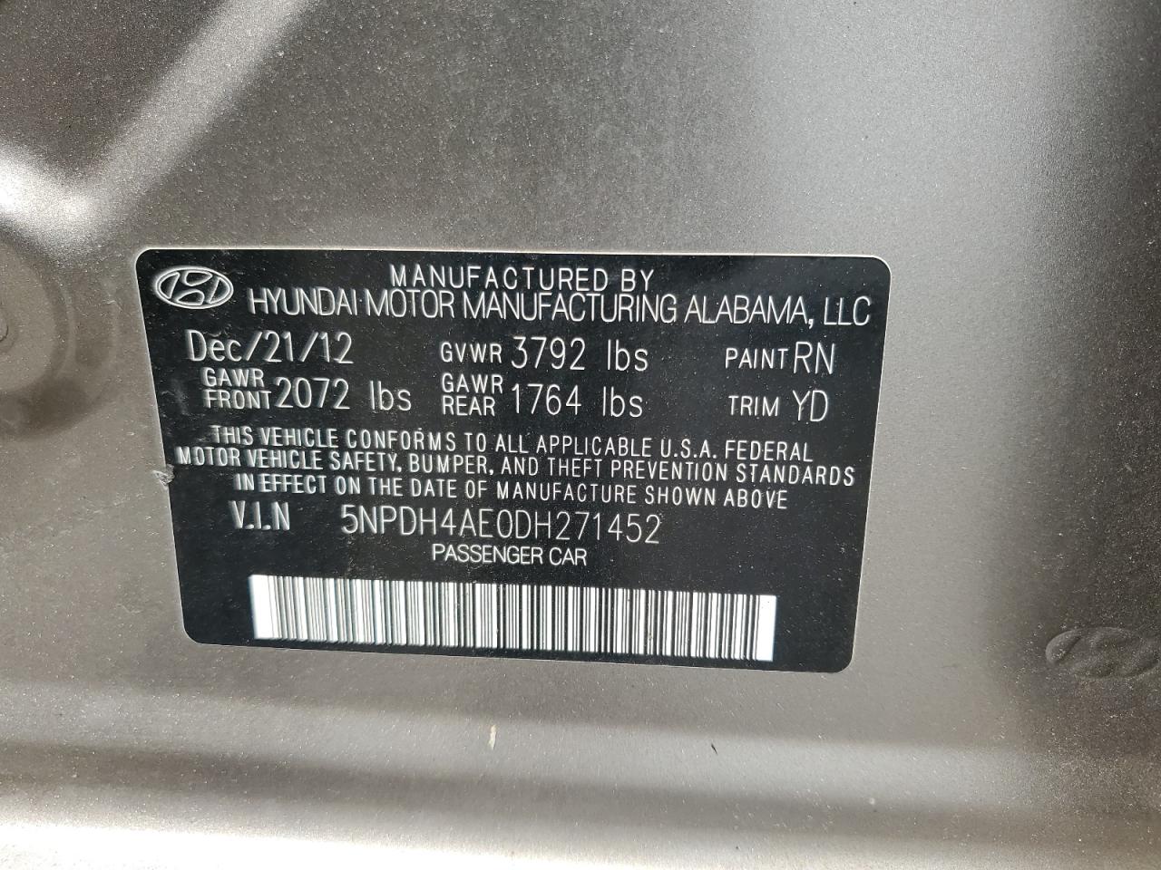 2013 Hyundai Elantra Gls VIN: 5NPDH4AE0DH271452 Lot: 65613114