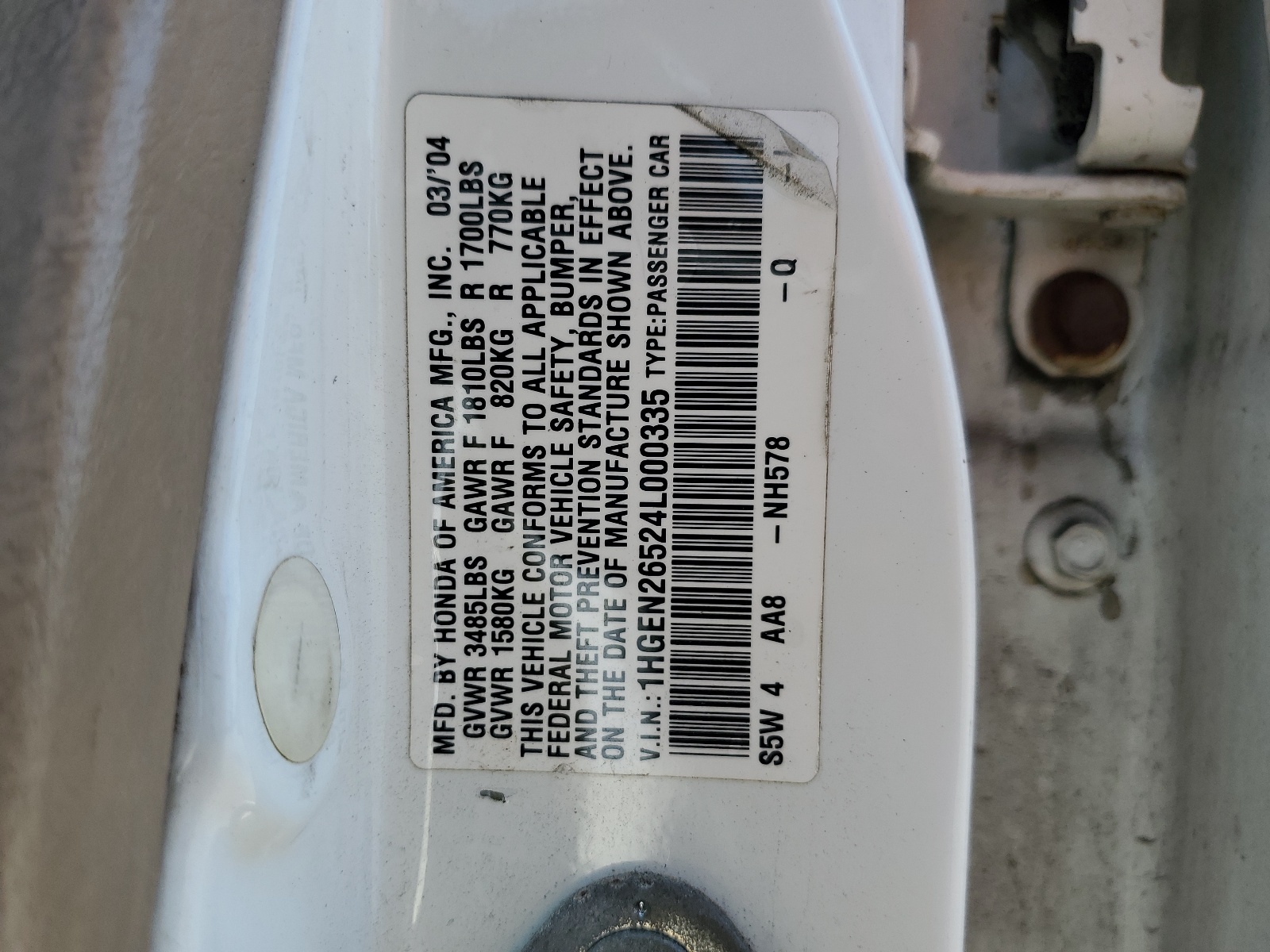 1HGEN26524L000335 2004 Honda Civic Gx