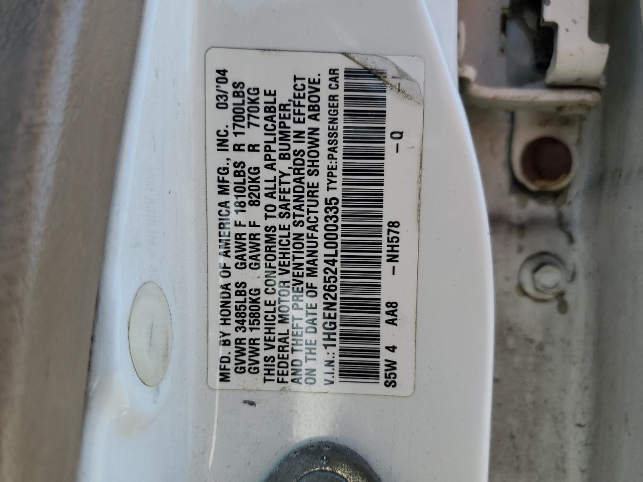 2004 Honda Civic Gx VIN: 1HGEN26524L000335 Lot: 62304994