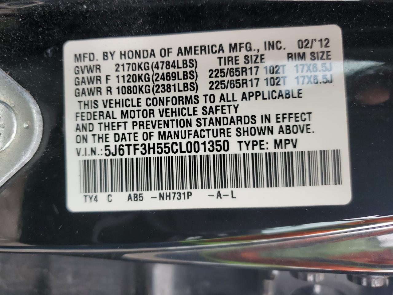 2012 Honda Crosstour Exl VIN: 5J6TF3H55CL001350 Lot: 64805274