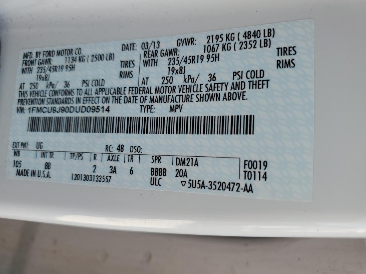 2013 Ford Escape Titanium VIN: 1FMCU9J90DUD09514 Lot: 64773844