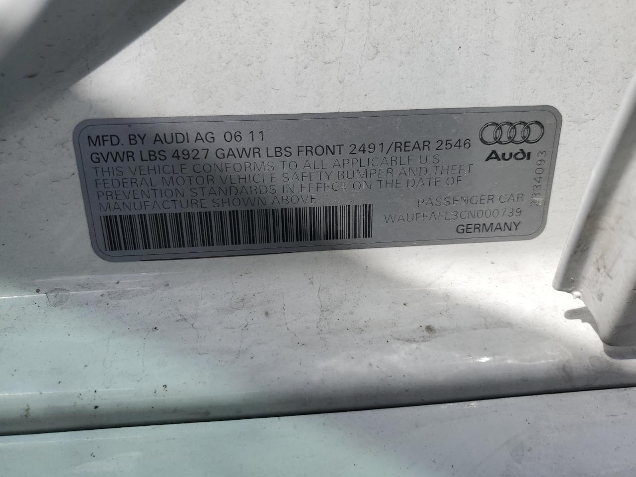 2012 Audi A4 Premium Plus VIN: WAUFFAFL3CN000739 Lot: 65157974