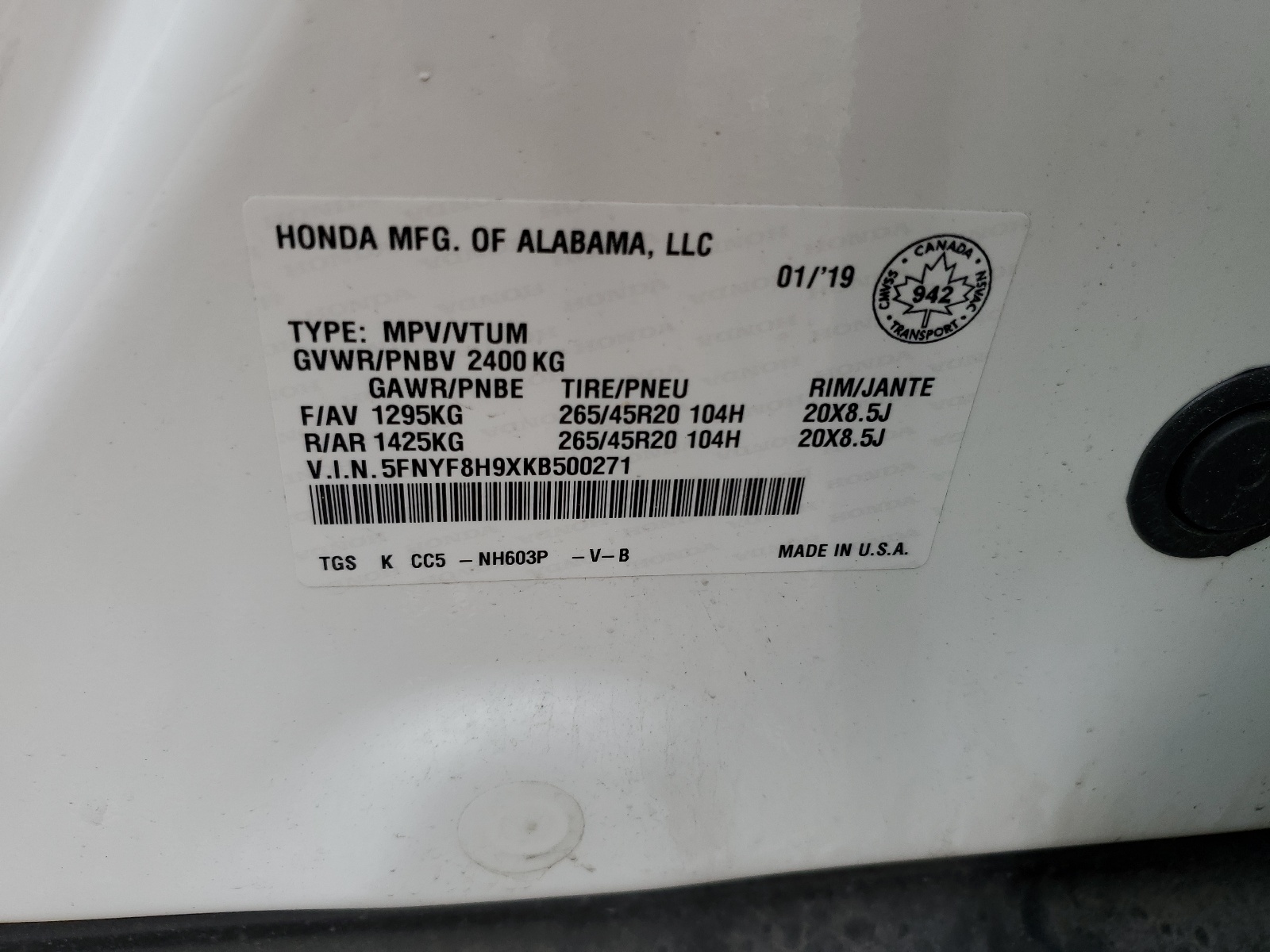 5FNYF8H9XKB500271 2019 Honda Passport Touring