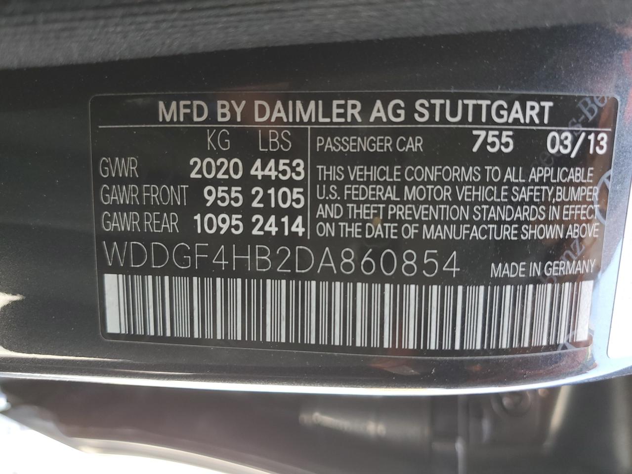 2013 Mercedes-Benz C 250 VIN: WDDGF4HB2DA860854 Lot: 62287534