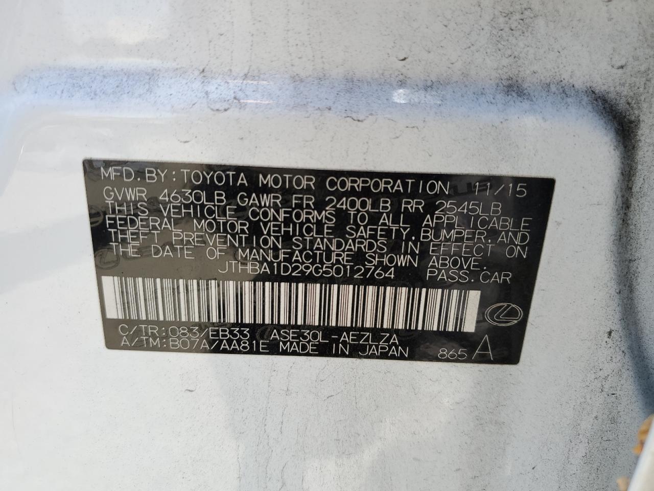 2016 Lexus Is 200T VIN: JTHBA1D29G5012764 Lot: 63669514