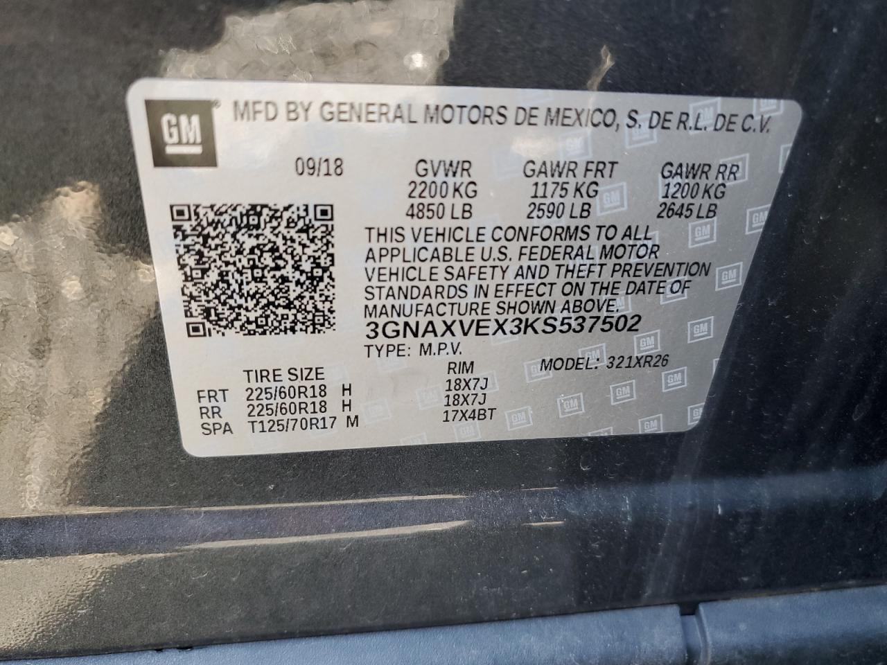 2019 Chevrolet Equinox Lt VIN: 3GNAXVEX3KS537502 Lot: 63467884