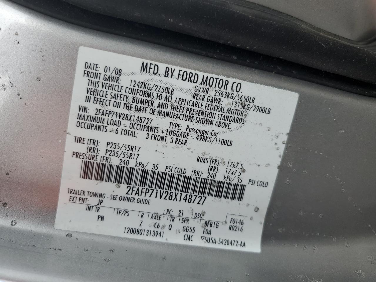 2008 Ford Crown Victoria Police Interceptor VIN: 2FAFP71V28X148727 Lot: 64707784