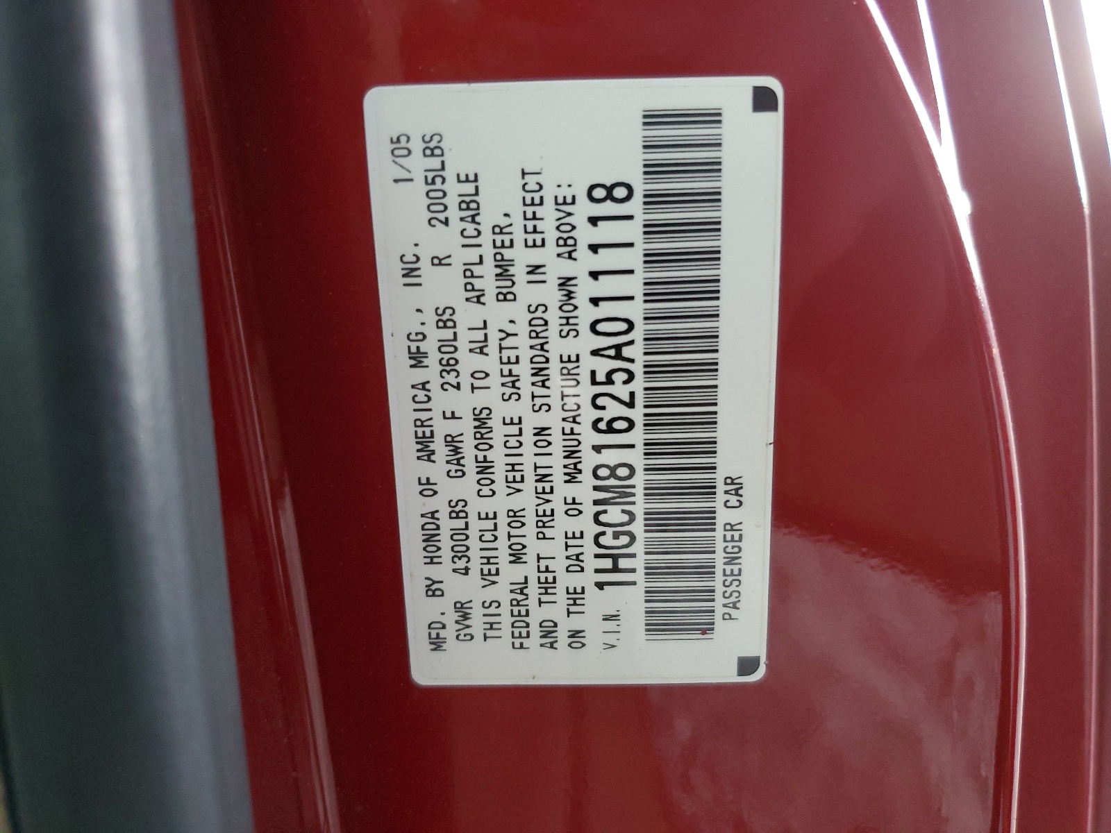 1HGCM81625A011118 2005 Honda Accord Ex