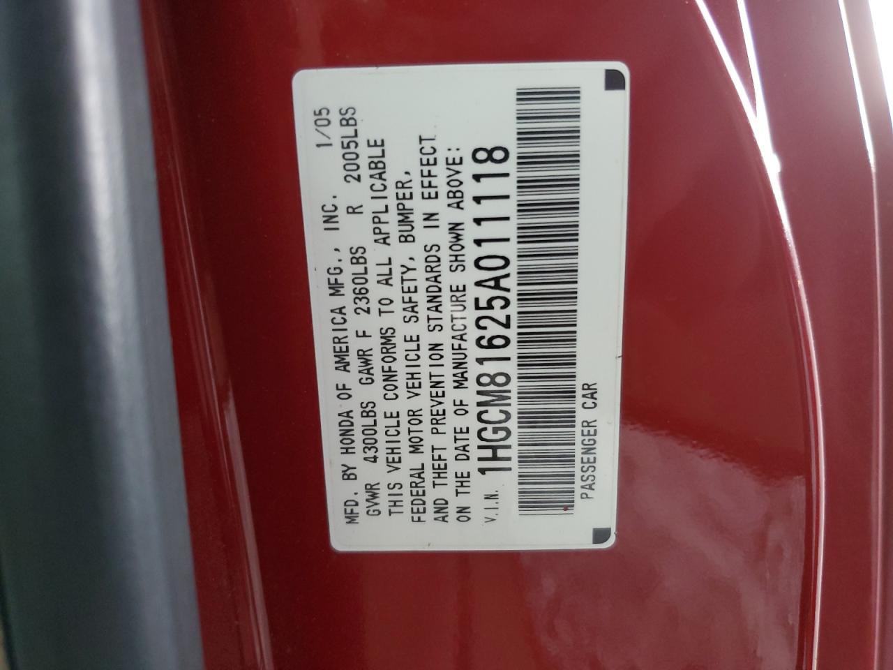 2005 Honda Accord Ex VIN: 1HGCM81625A011118 Lot: 63670704