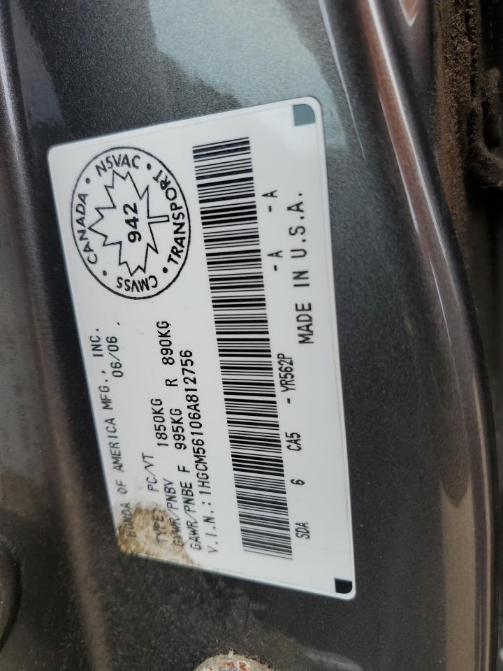 2006 Honda Accord Value VIN: 1HGCM56106A812756 Lot: 63652924