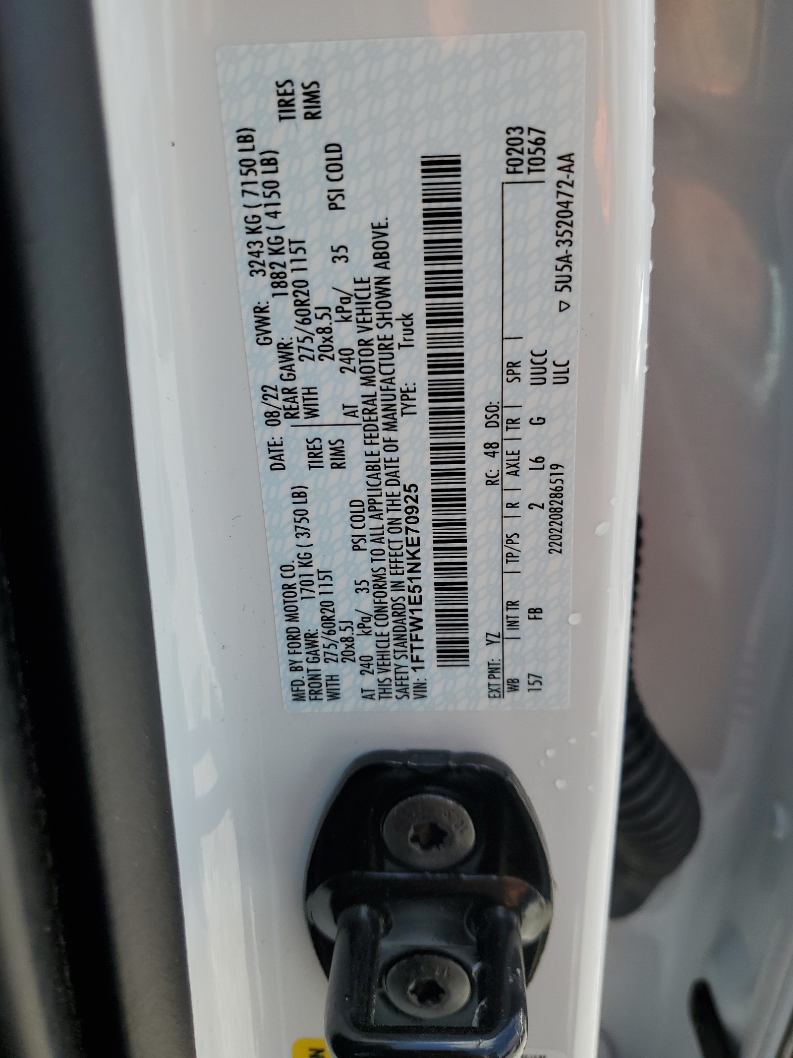 1FTFW1E51NKE70925 2022 Ford F150 Supercrew