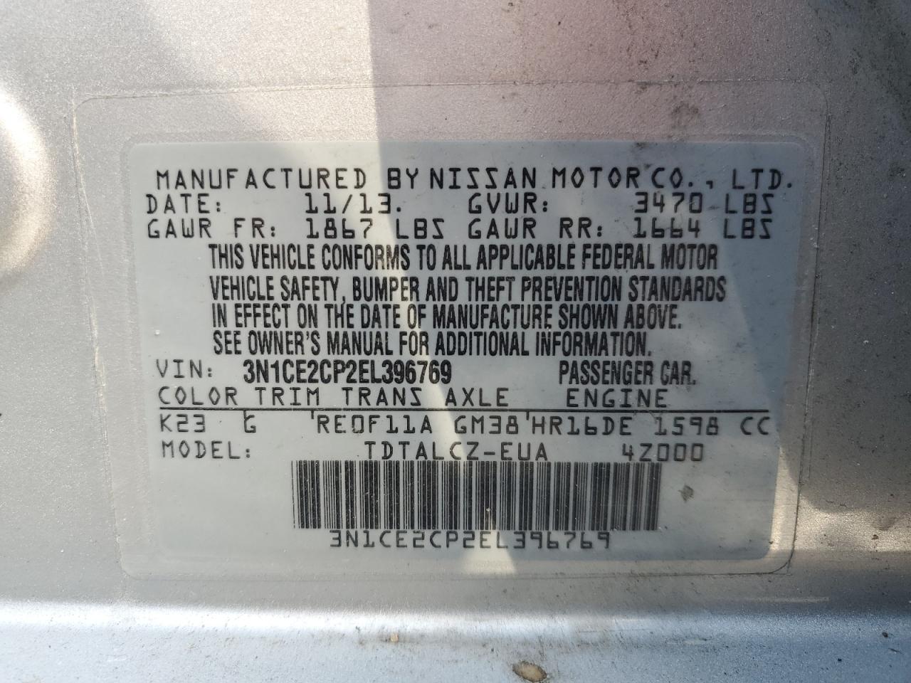 3N1CE2CP2EL396769 2014 Nissan Versa Note S