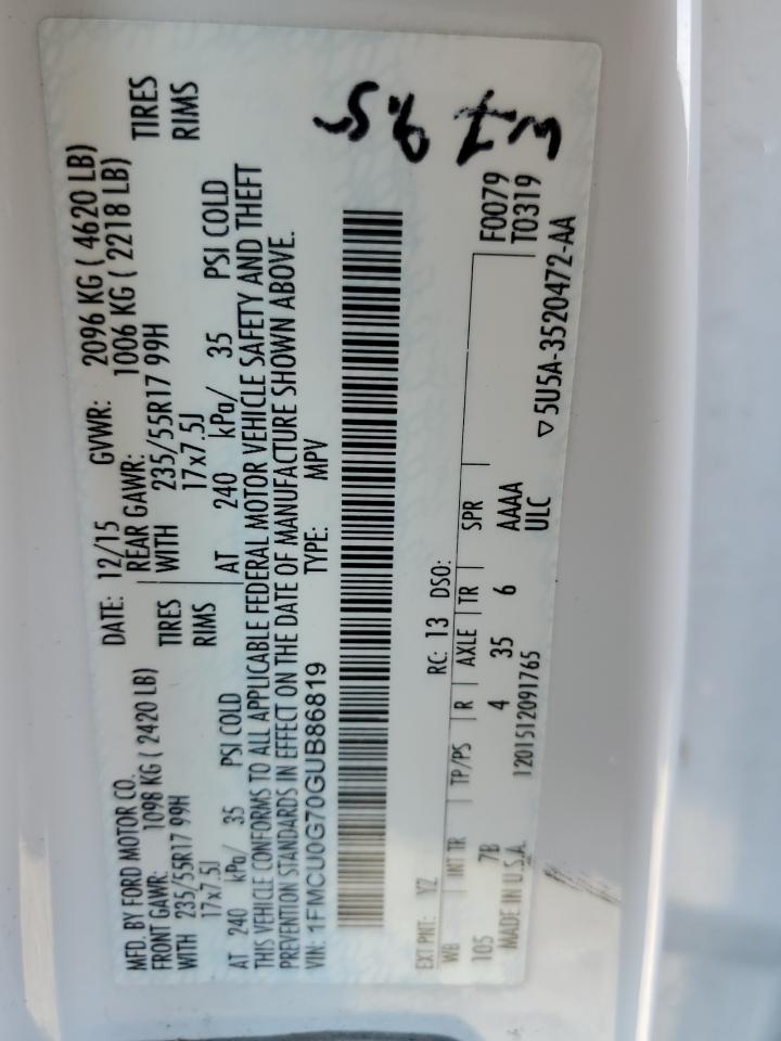 2016 Ford Escape Se VIN: 1FMCU0G70GUB86819 Lot: 62611584