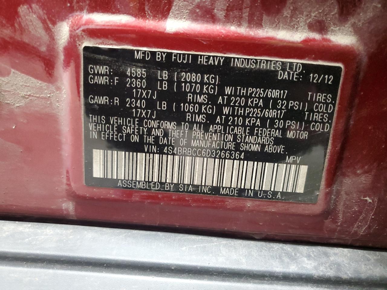 2013 Subaru Outback 2.5I Premium VIN: 4S4BRBCC6D3266364 Lot: 63839364