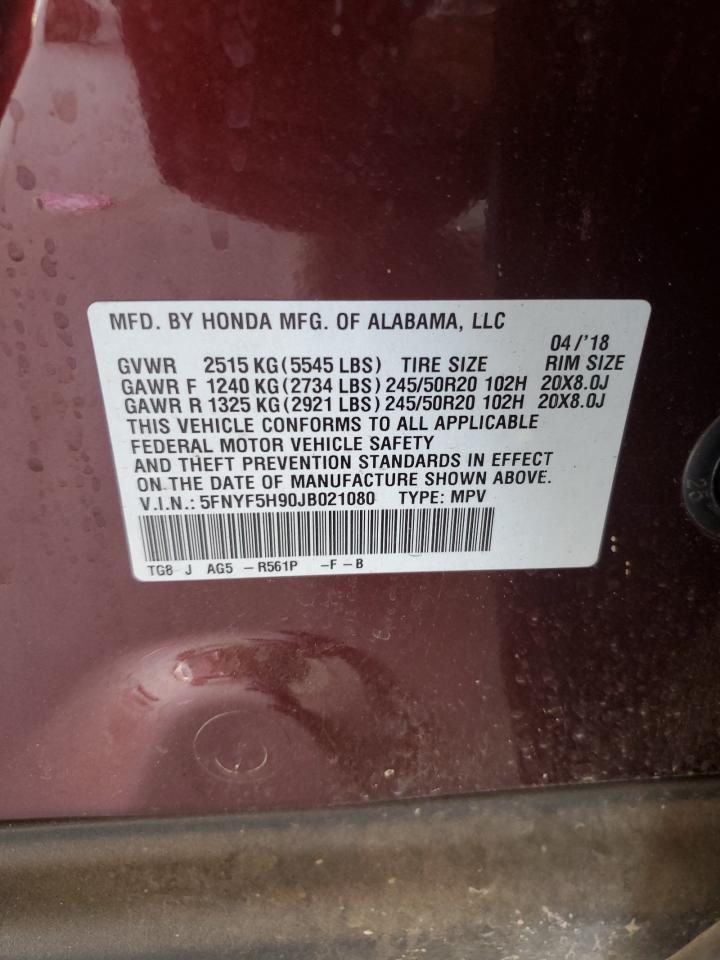 2018 Honda Pilot Touring VIN: 5FNYF5H90JB021080 Lot: 63152874