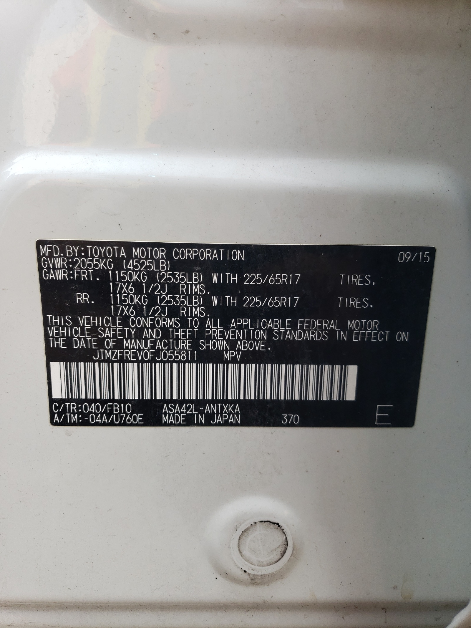 JTMZFREV0FJ055811 2015 Toyota Rav4 Le