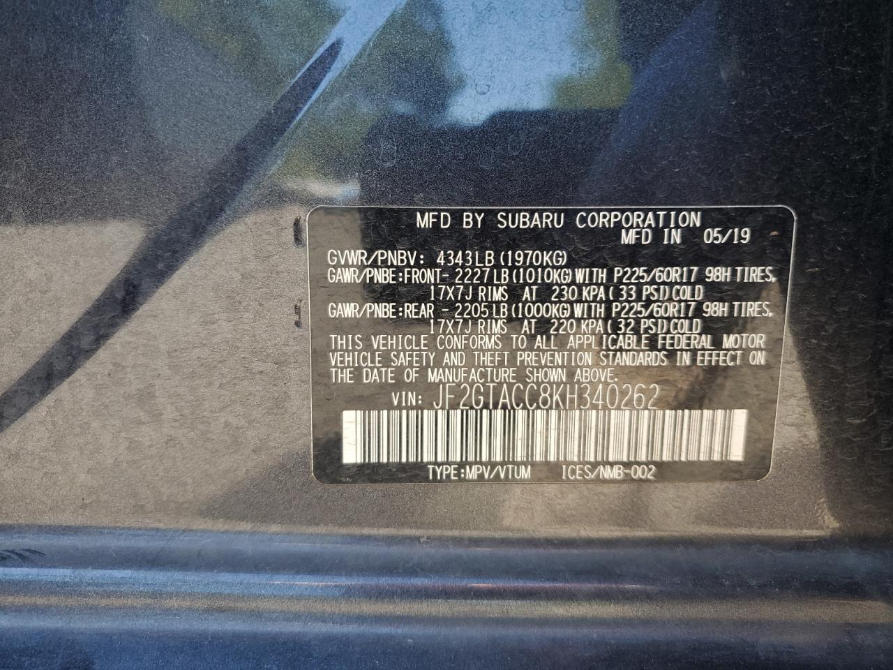 JF2GTACC8KH340262 2019 Subaru Crosstrek Premium